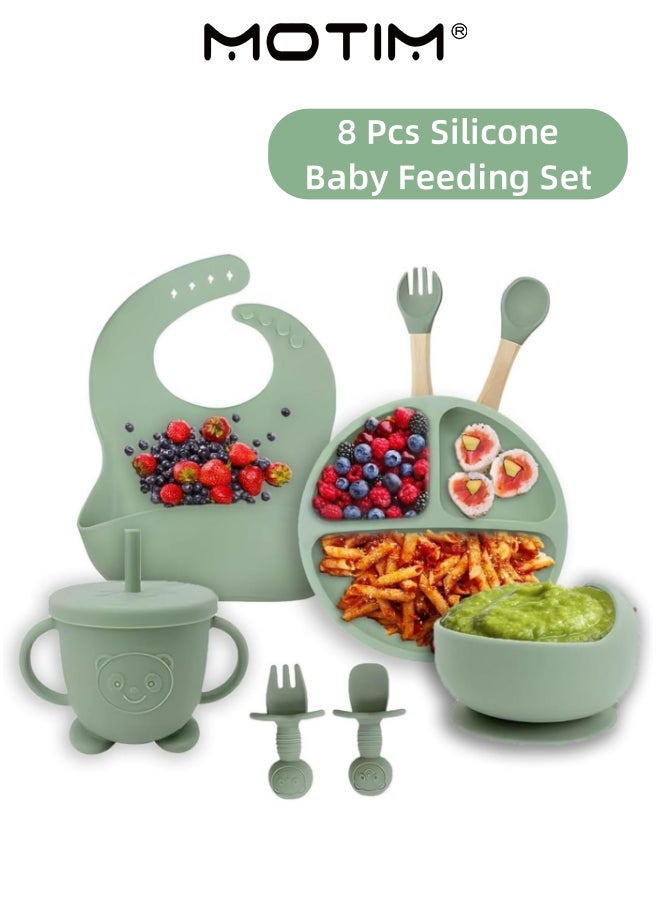 Motim 8 Pcs Silicone Baby Feeding Set Children Tableware Kids Dining Microwave & Dishwasher Friendly Infant Plates Bowls Suction Dishes Bibs Baby Toddler Dish Set(Green)