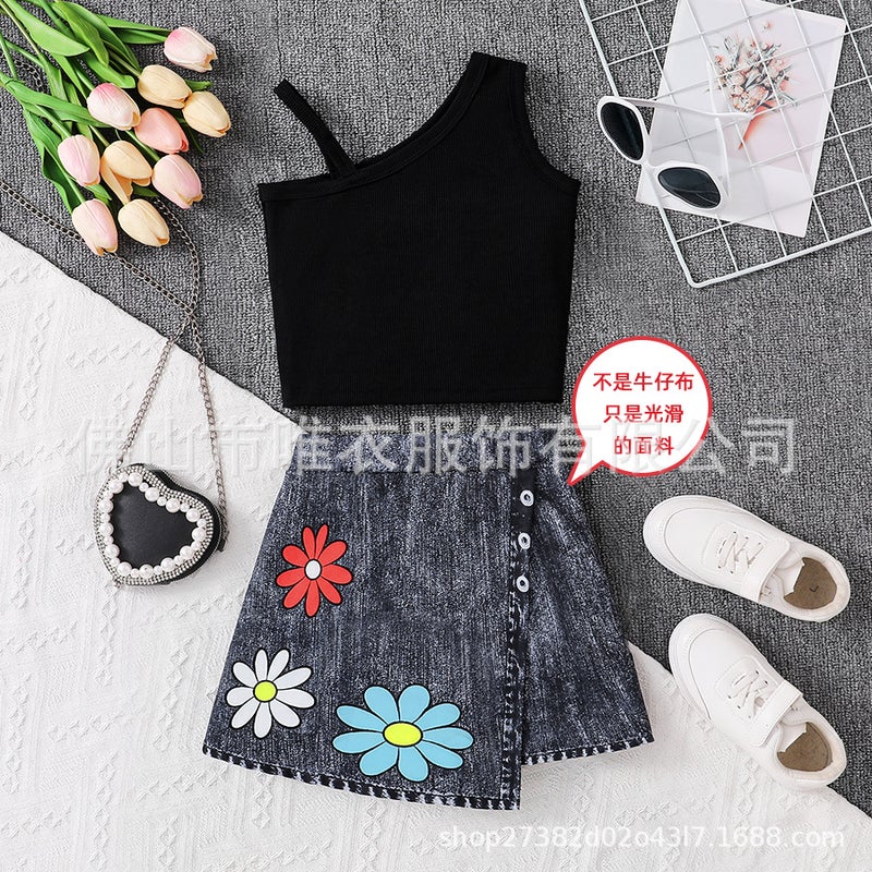 Summer New Style Girls Korean Style Thin Shoulder Camisole Printed Slim-fit A- line Skirt Two-piece Set Black 
