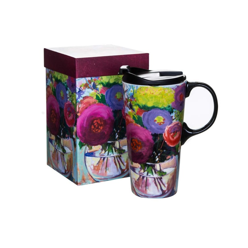 Topadorn Ceramic Travel Mug with Lid Coffee Cup with Lid Ceramic Mug with Matching Box Flower