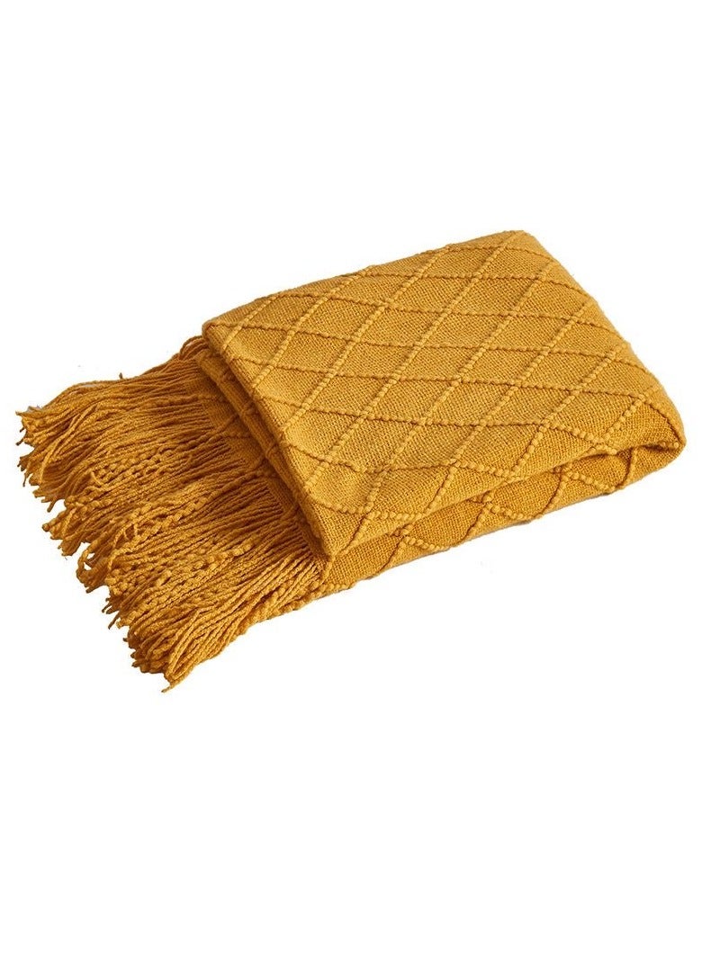 Tassel Design Soft Blanket Keep Warm Cotton Yellow 130x170cm - Image 1