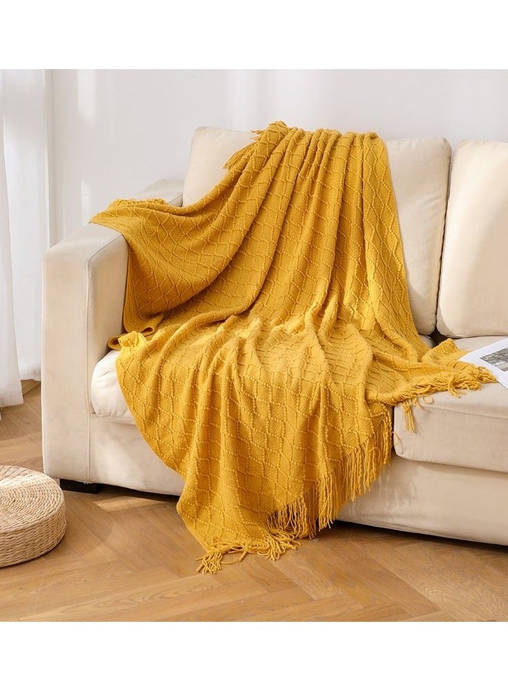 Tassel Design Soft Blanket Keep Warm Cotton Yellow 130x170cm - Image 2