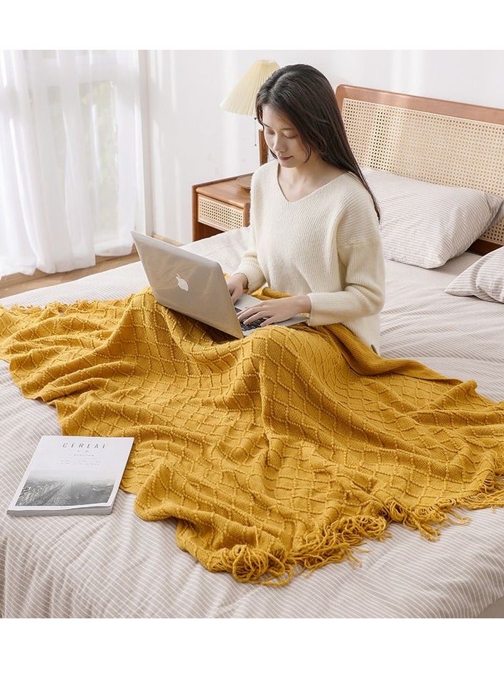 Tassel Design Soft Blanket Keep Warm Cotton Yellow 130x170cm - Image 4