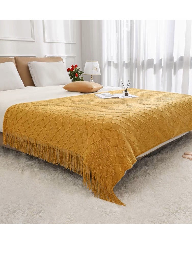 Tassel Design Soft Blanket Keep Warm Cotton Yellow 130x170cm - Image 5