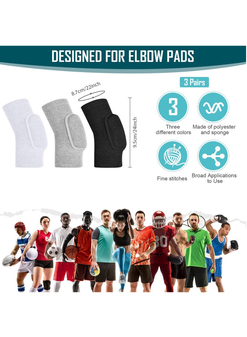 SYOSI 3 Pairs Elbow Pads, Volleyball Elbow Protector, Sponge Support Breathable Compression Elbow Braces for unisex, Girls Boys Basketball Tennis Football Skating Elbow, Black, White, Gray  - Image 4