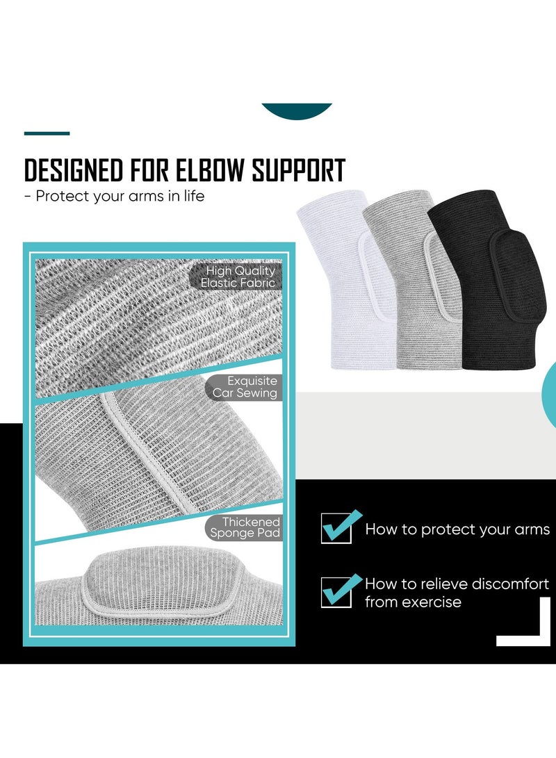 SYOSI 3 Pairs Elbow Pads, Volleyball Elbow Protector, Sponge Support Breathable Compression Elbow Braces for unisex, Girls Boys Basketball Tennis Football Skating Elbow, Black, White, Gray  - Image 3