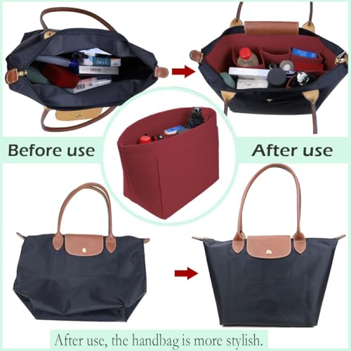 Lckaey Purse Organizer Insert for Longchamp Le Pliage, Premium Felt with 9 Compartments, Water Bottle Slot & Metal Zipper 1028red-M - Image 5