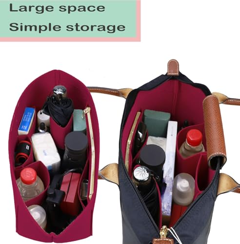 Lckaey Purse Organizer Insert for Longchamp Le Pliage, Premium Felt with 9 Compartments, Water Bottle Slot & Metal Zipper 1028red-M - Image 2