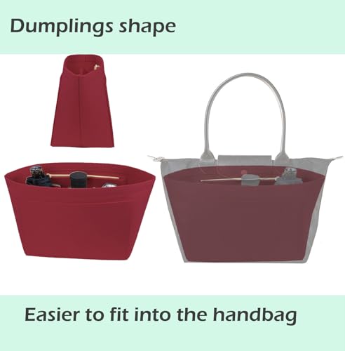 Lckaey Purse Organizer Insert for Longchamp Le Pliage, Premium Felt with 9 Compartments, Water Bottle Slot & Metal Zipper 1028red-M - Image 3