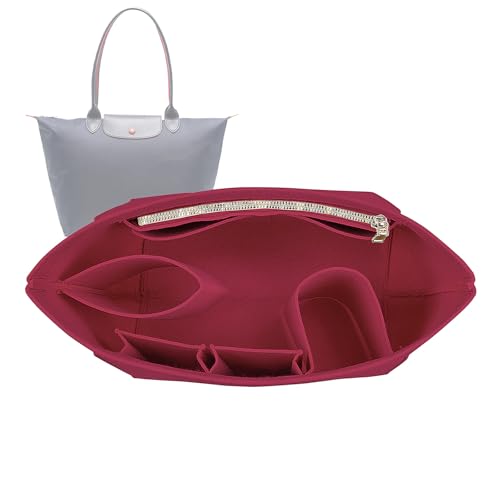 Lckaey Purse Organizer Insert for Longchamp Le Pliage, Premium Felt with 9 Compartments, Water Bottle Slot & Metal Zipper 1028red-M - Image 1