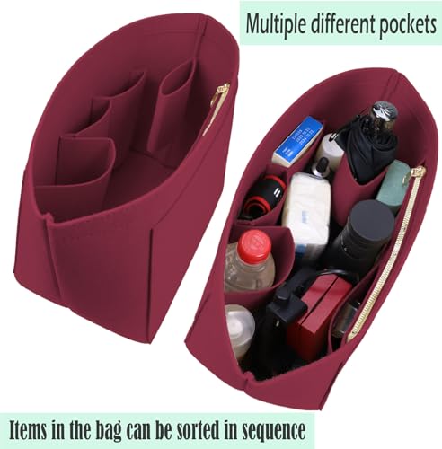Lckaey Purse Organizer Insert for Longchamp Le Pliage, Premium Felt with 9 Compartments, Water Bottle Slot & Metal Zipper 1028red-M - Image 4