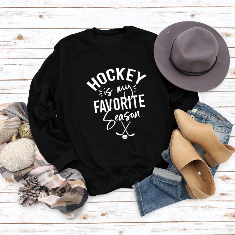 Hockey Season Casual Crewneck Sweatshirt Black Sweatshirt (White font)