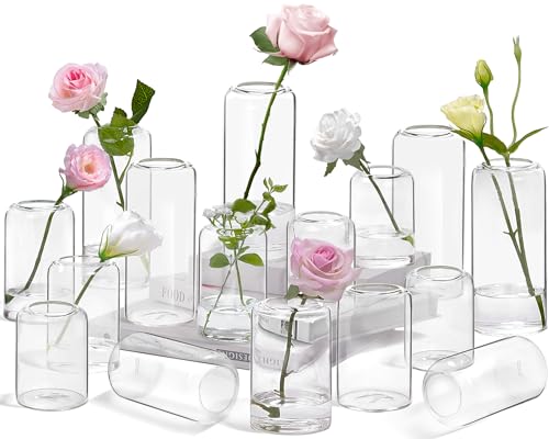 ZENS Bud Vases in Bulk Set of 16, Modern Small Glass Vases for Flower Clear Bud Vases for Wedding Centerpiece, Modern Blown Small Vase for Flowers, Wedding Party Events Decorative Home Decor - Image 1