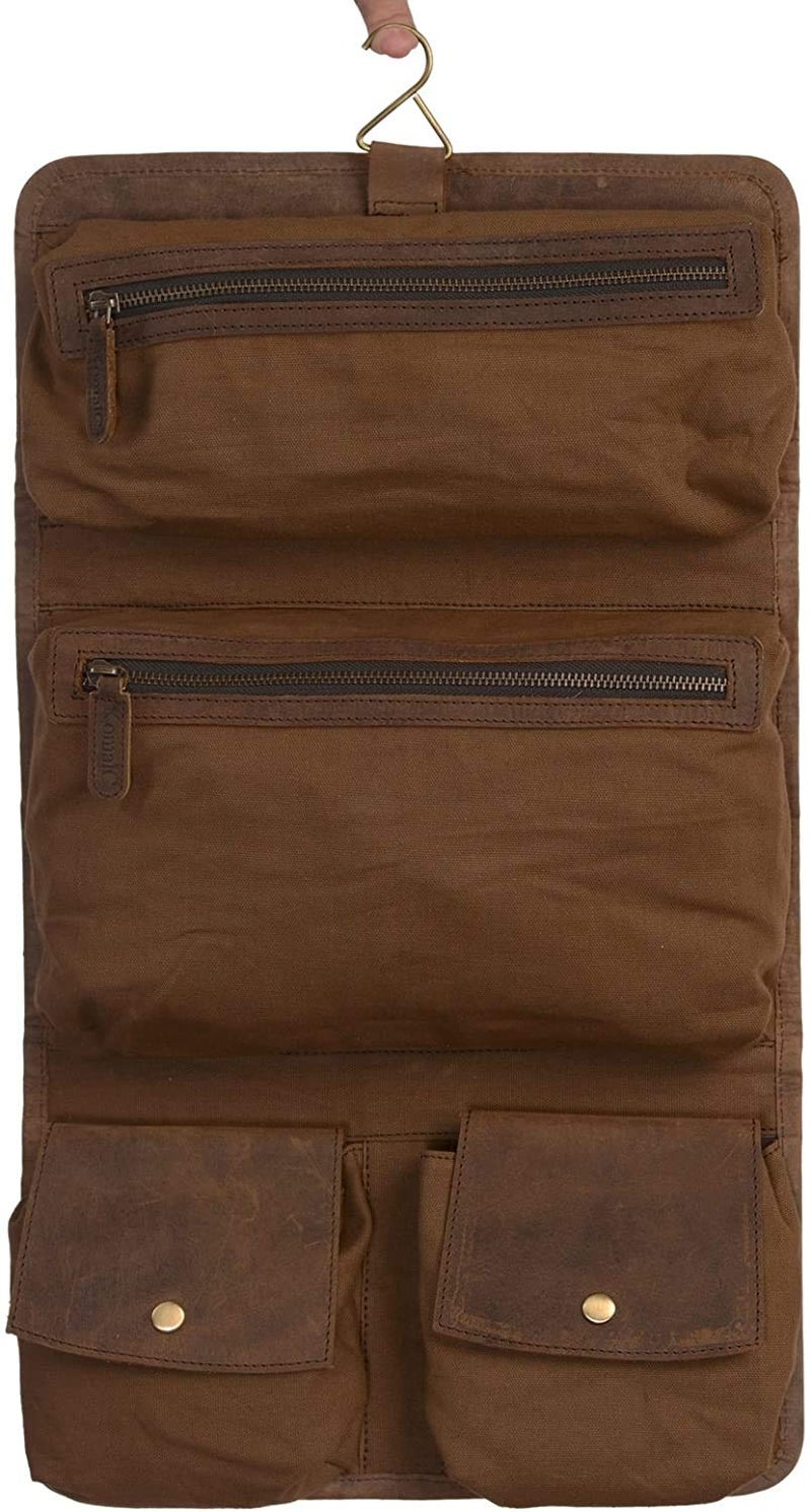 KomalC Premium Buffalo Leather Hanging Toiletry Bag Travel Dopp Kit (Distressed Tan) - Image 1