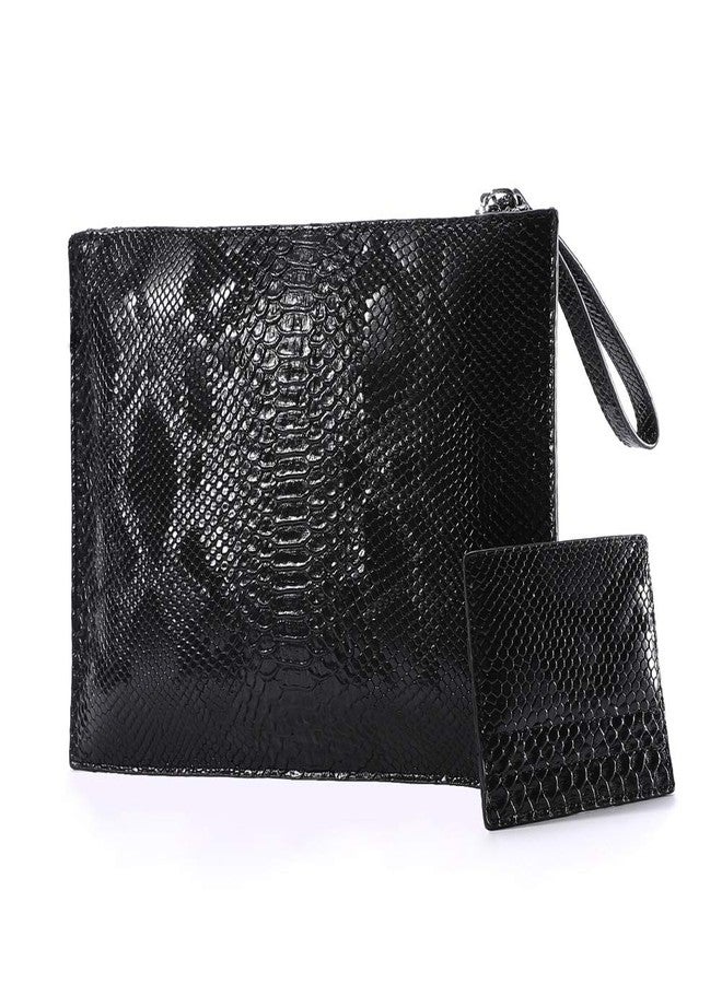 NIGEDU Women Clutches Fashion Snakeskin PU Leather Party Envelope Purse Bag with Hand Strap (Black) - Image 1