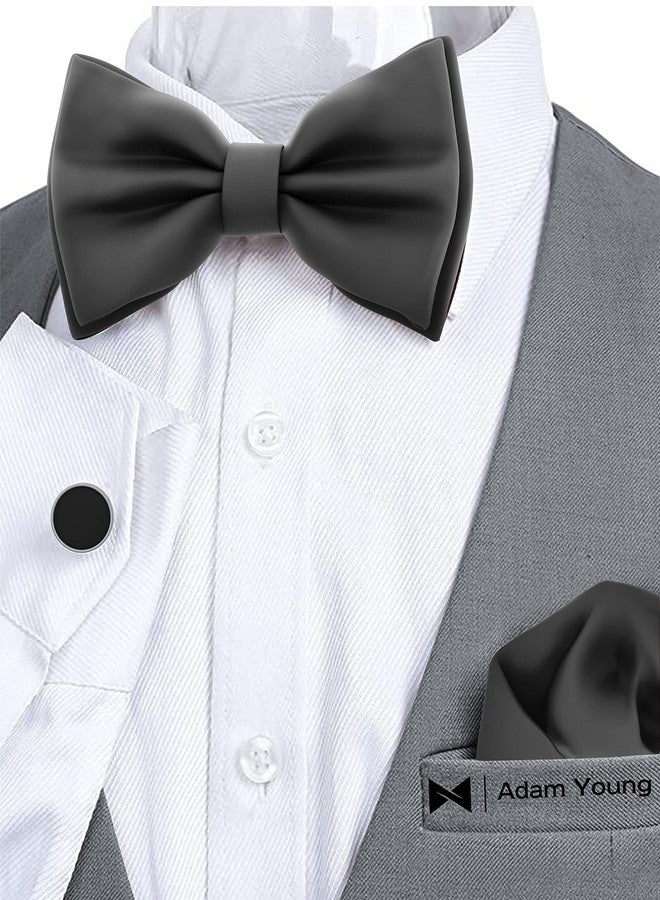 Adam Young Boy's Black Bow Tie with Handkerchief & Cufflinks Pre-Tied Style Formal Satin Classic Bowtie for Tuxedo Faux Silk (Medium, Black) - Image 4