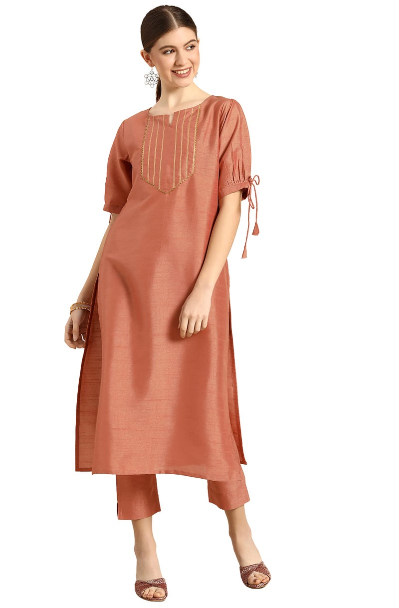 Janasya Women Peach Silk Blend Kurta & Pant Set with Embellished Print Outfit for Women - Image 1
