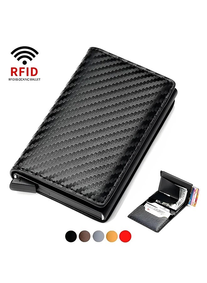 HY Unisex Multifunctional Carbon Fiber Wallet, Credit Card Holder, Metal RFID Vintage Aluminium Box PU Leather for Slim Wallet, RFID Blocking Money Clip PU leather Credit Card Holder Multiple Wallet  - Image 3