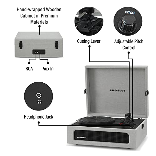 Crosley مشغل أسطوانات كروسلي CR8017B-GY فويجر المحمول الكلاسيكي مع بلوتوث داخلي/خارجي ومكبرات صوت مدمجة، رمادي - Image 3