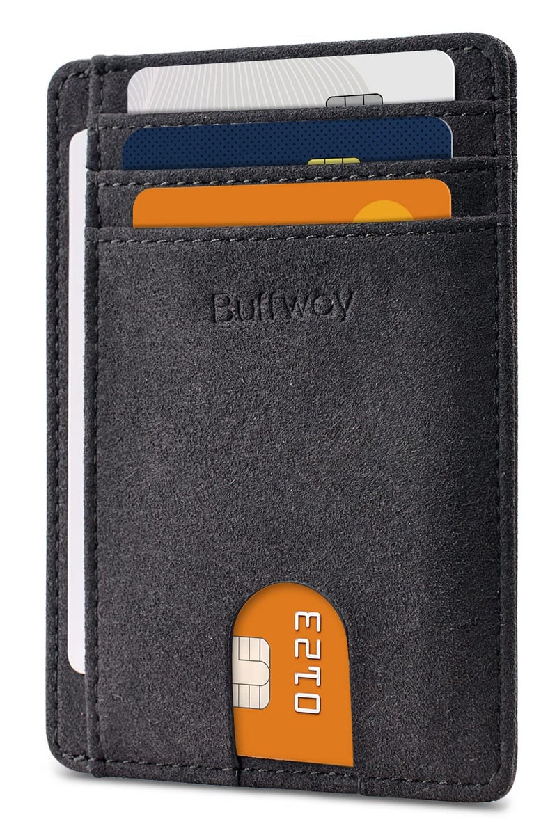 Buffway Slim Minimalist Front Pocket RFID Blocking Leather Wallets for Men and Women - At Sahara Carbon Black - Image 1