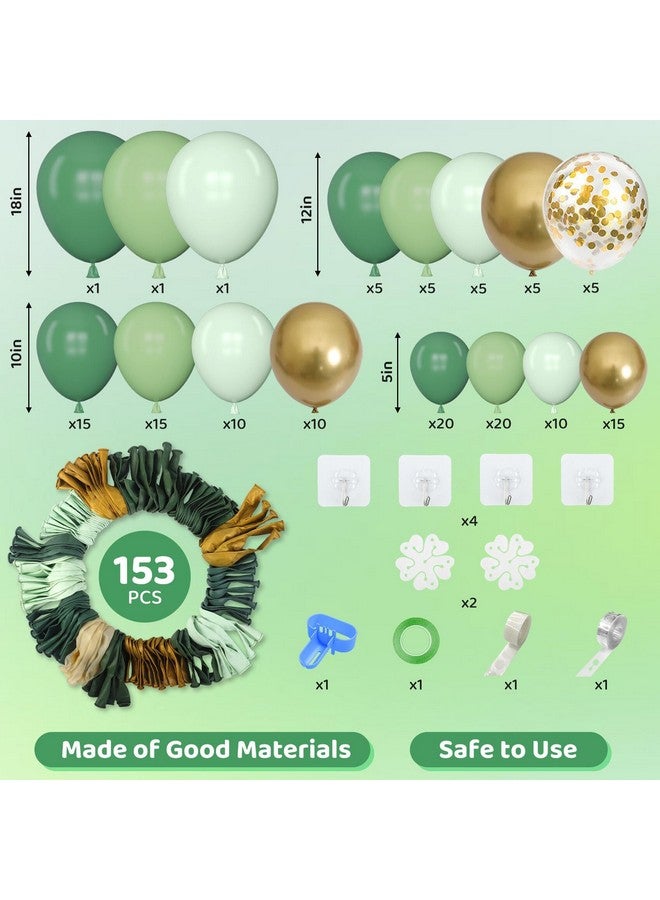 Amandir 153pcs Sage Green Balloon Garland Arch Kit, Different Sizes 18 12 10 5 inch Sage Green Gold Latex Metallic Confetti Gold Balloons for First Communion Safari Baby Shower Baptism Decorations - Image 2