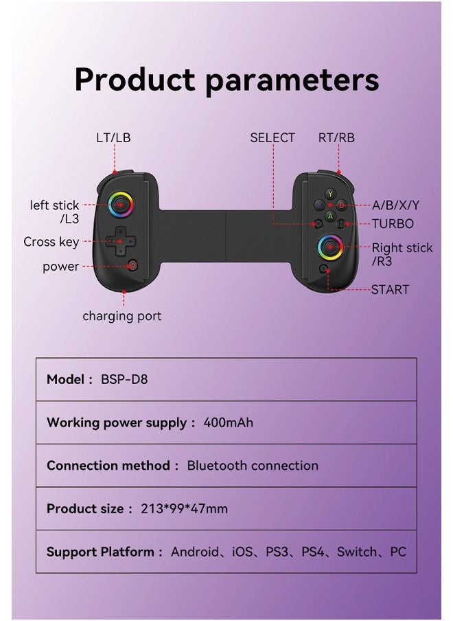 D8 Wireless Bluetooth Game Controller - Stretchable Handle, Dual Hall Sensors, Vibration, and RGB Lighting