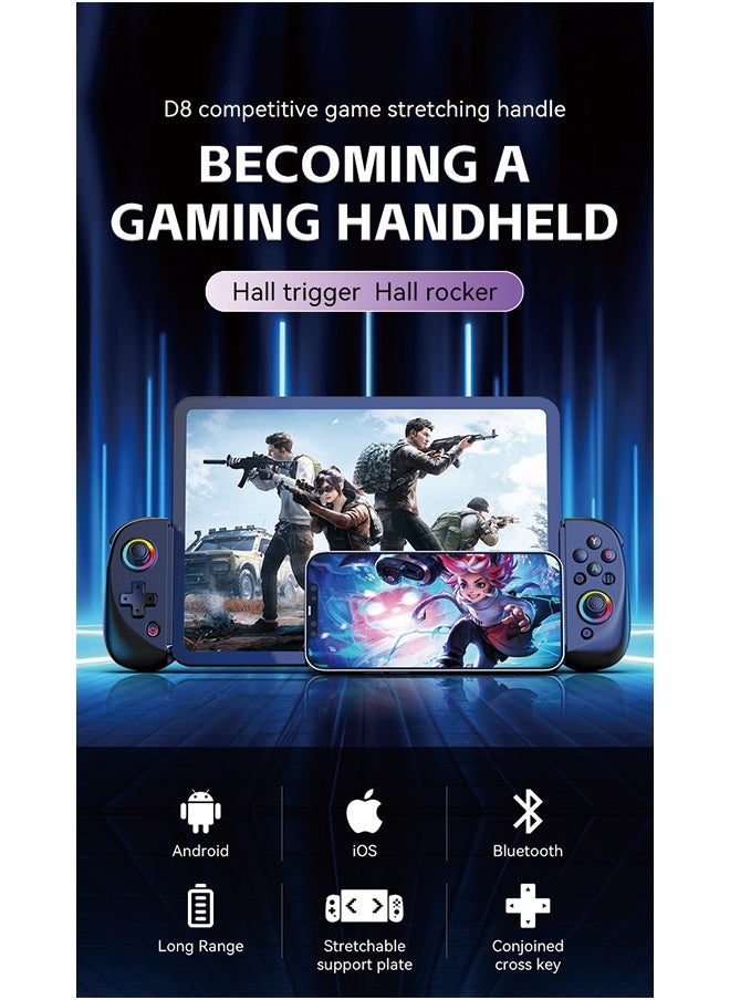 D8 Wireless Bluetooth Game Controller - Stretchable Handle, Dual Hall Sensors, Vibration, and RGB Lighting