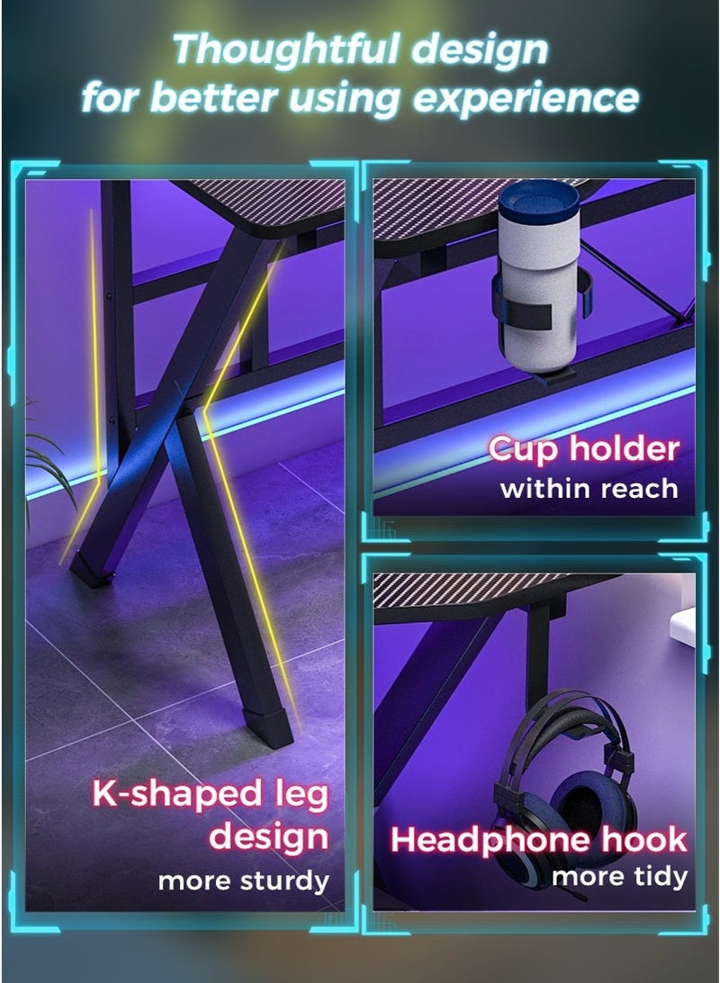 ADEBOLA K Shaped Gaming Table Computer Desk with Cup Holder and Headphone hook, Carbon Fiber Surface PC Gaming Desk for Home Office - Image 4