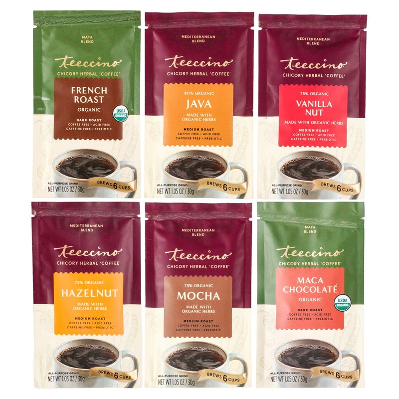 Teeccino Herbal Coffee Sampler - 6 x 30g Trial Size Chicory Coffee Alternatives - French Roast, Vanilla Nut, Hazelnut, Mocha, Maca Chocolate, Java - Prebiotic, Caffeine Free & Acid Free - Image 1