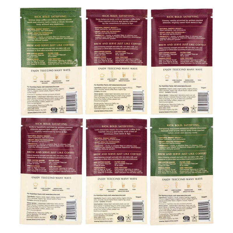 Teeccino Herbal Coffee Sampler - 6 x 30g Trial Size Chicory Coffee Alternatives - French Roast, Vanilla Nut, Hazelnut, Mocha, Maca Chocolate, Java - Prebiotic, Caffeine Free & Acid Free - Image 2