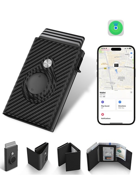 XQOOPS Anti-Lost Wallet for Men with Tracker &Finder, Mens Smart Wallet Works with Apple Find My(iOS Only), RFID Blocking, Carbon Fiber, Minimalist - 9-14 Card Capacity | ID Window | Cash Slot (Black)