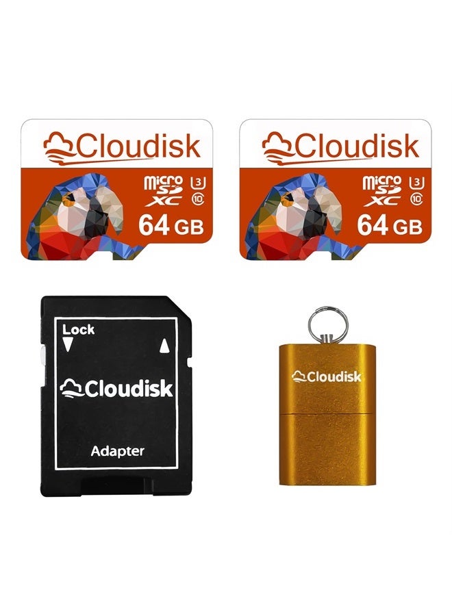 Cloudisk 2Pack Micro SD 64GB Card MicroSD Memory Card SDXC U3 C10 Parrot-Prime with SD Adapter and Card Reader (64GB) - Image 1