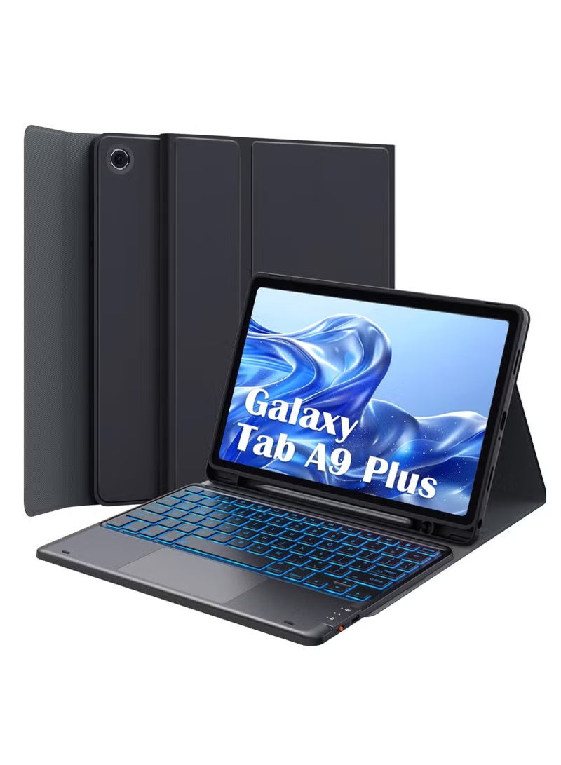 Keyboard Case for Samsung Galaxy Tab A9 Plus 11-inch 2023, 7-color backlit touchpad keyboard, anti-smudge protective cover with S pen holder, detachable keyboard for Galaxy Tab A9+ 11, - Image 1