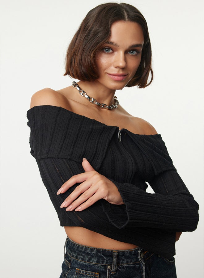 trendyol Black Zipper Detailed Carmen Collar Crop/Short Regular/Normal Fit Knitted Blouse TWOAW25BZ00070  - Image 1