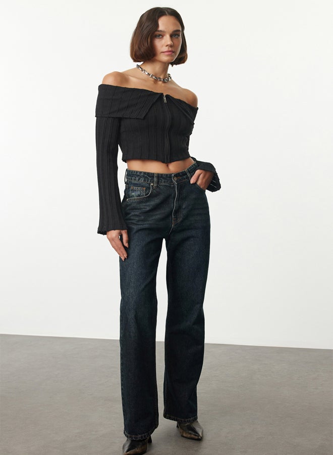 trendyol Black Zipper Detailed Carmen Collar Crop/Short Regular/Normal Fit Knitted Blouse TWOAW25BZ00070  - Image 2
