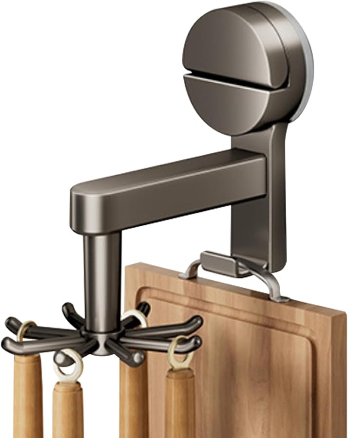 Gray Rotating Suction Cup Hook Rack With 8 Claws Wall Mounted Kitchen Bathroom Organizer - Image 1