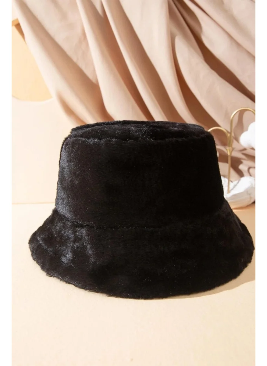 Bahels Black Plush Soft Textured Bucket Hat