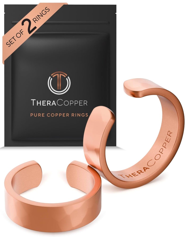 TheraCopper Pure Copper Rings for Women & Men (2-Pack) â€” 100% Pure Copper Ring â€” Raw, Solid & Uncoated Authentic Handmade Open-End Adjustable Ayurvedic Jewelry Rings (6mm Hammered) - Image 1