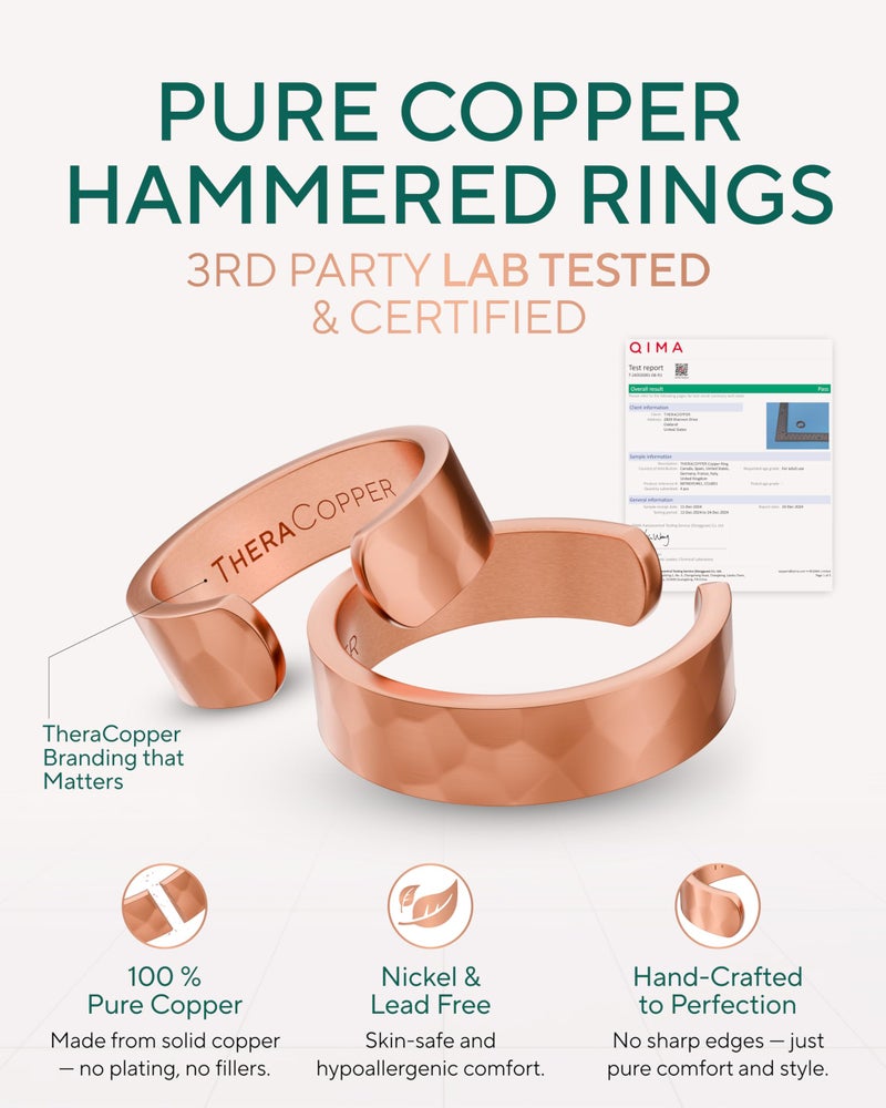 TheraCopper Pure Copper Rings for Women & Men (2-Pack) â€” 100% Pure Copper Ring â€” Raw, Solid & Uncoated Authentic Handmade Open-End Adjustable Ayurvedic Jewelry Rings (6mm Hammered) - Image 2