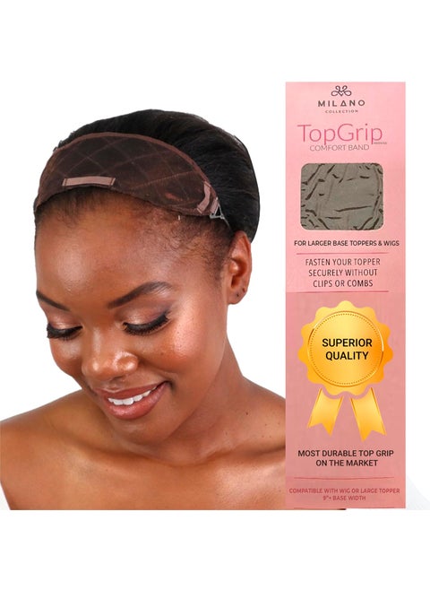 MILANO COLLECTION Glueless Top Grip for Hair Topper & Wiglets, Adjustable Translucent Strap with Side Openings, Top Headband for Your Wig or Topper, Includes Clips, Brown, Large