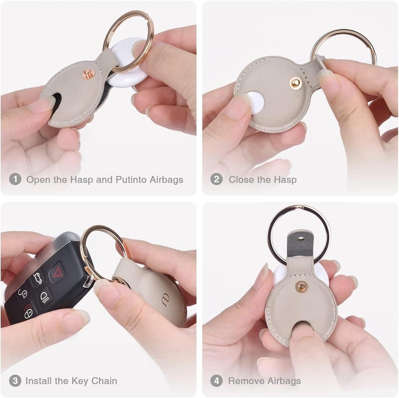 Nereides Full Protective PU Leather AirTag Keyring Holder - Anti-Scratch Case for Apple AirTag (Khaki) - Image 3