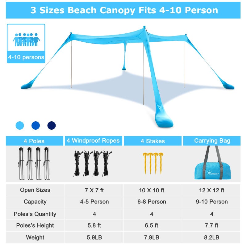 COMMOUDS Beach Tent Sun Shelter - UPF50+ Pop Up Beach Canopy with Sandbags & Sand Shovel & Windproof Poles, Portable Sun Shade for Beach, Camping, Picnics, Backyard (7x7FT) - Image 2