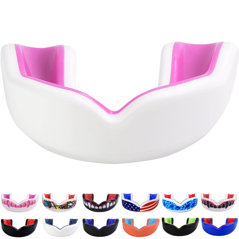 Oral Mart حارس الفم للشباب من أورال مارت باللونين الأبيض والوردي للأطفال - حارس فم للشباب للكاراتيه، كرة القدم الأمريكية، فنون القتال، التايكوندو، الملاكمة، كرة القدم، الرجبي، BJJ، موياي تاي، كرة القدم، الهوكي - Image 1