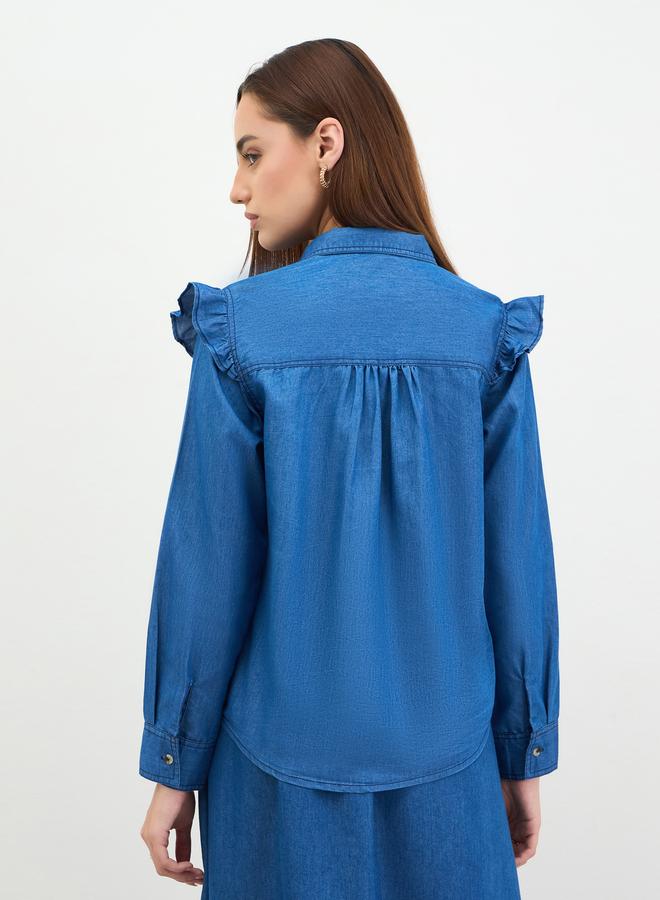 Styli Denim Ruffle Detail Buttoned Shirt - Image 5