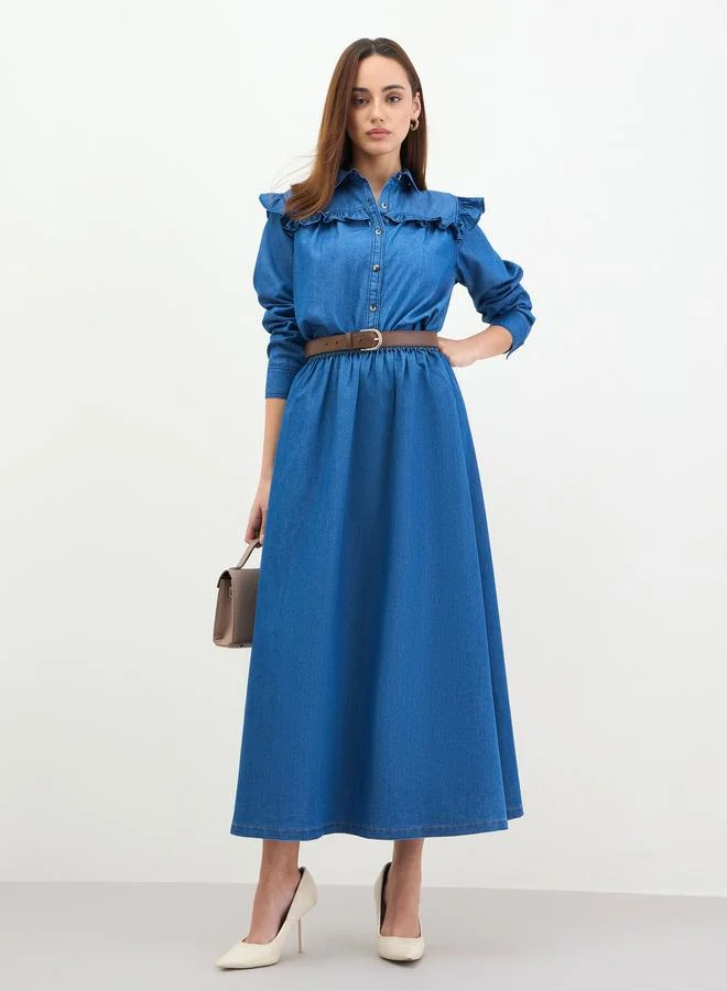 Styli Denim Ruffle Detail Buttoned Shirt