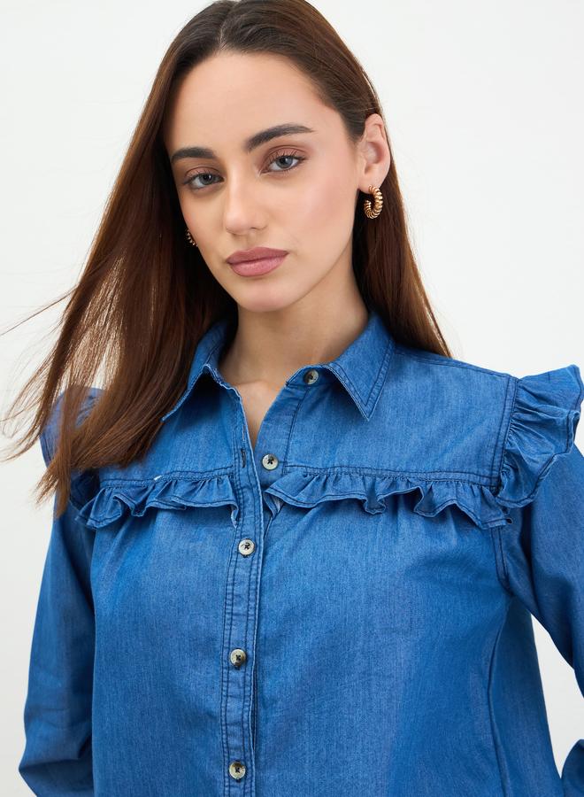 Styli Denim Ruffle Detail Buttoned Shirt - Image 4
