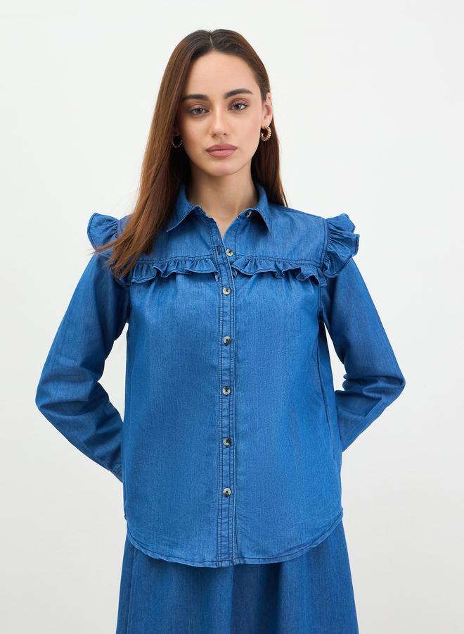 Styli Denim Ruffle Detail Buttoned Shirt - Image 1