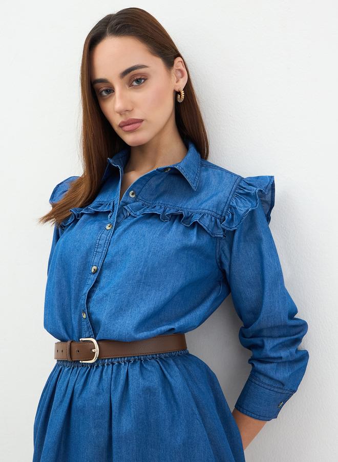 Styli Denim Ruffle Detail Buttoned Shirt - Image 3