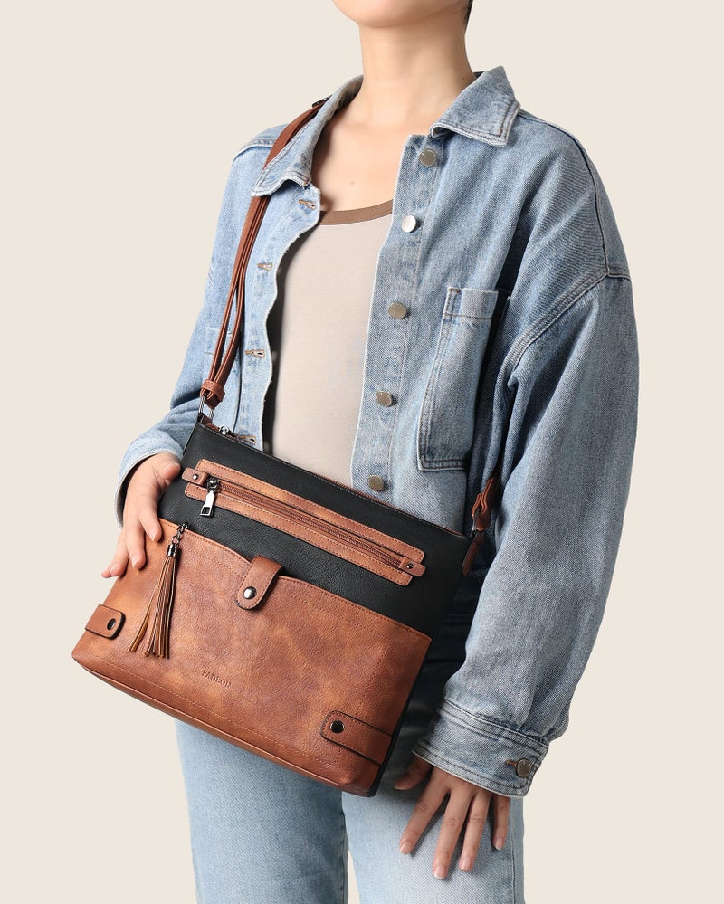 FADEON Large Crossbody Bags Purses for Women Crossbody Bag, Designer Leather Cross Body Purse Multi Pocket Shoulder Bag Black - Image 2
