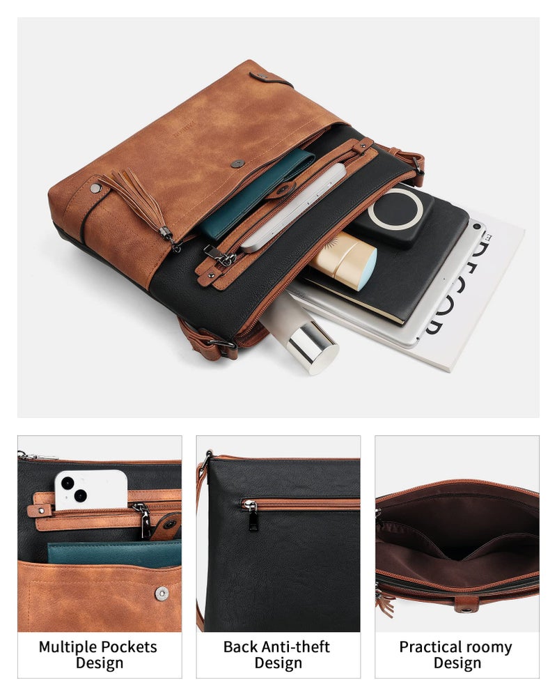 FADEON Large Crossbody Bags Purses for Women Crossbody Bag, Designer Leather Cross Body Purse Multi Pocket Shoulder Bag Black - Image 3