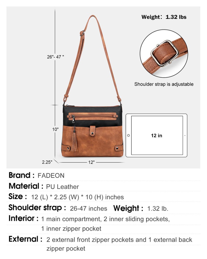 FADEON Large Crossbody Bags Purses for Women Crossbody Bag, Designer Leather Cross Body Purse Multi Pocket Shoulder Bag Black - Image 4